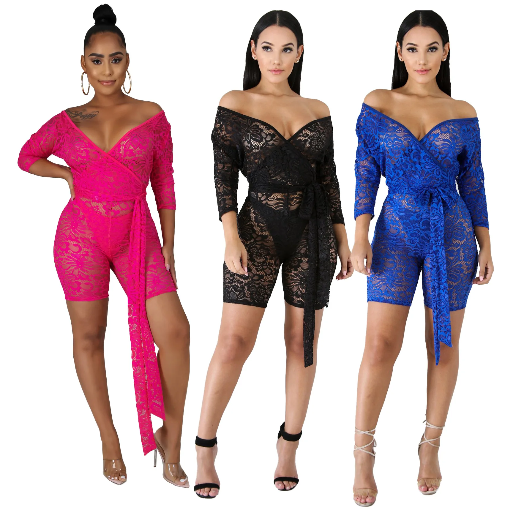 

2021 new arrival European and American womens sexy fashion super stretch lace V neck short jumpsuit