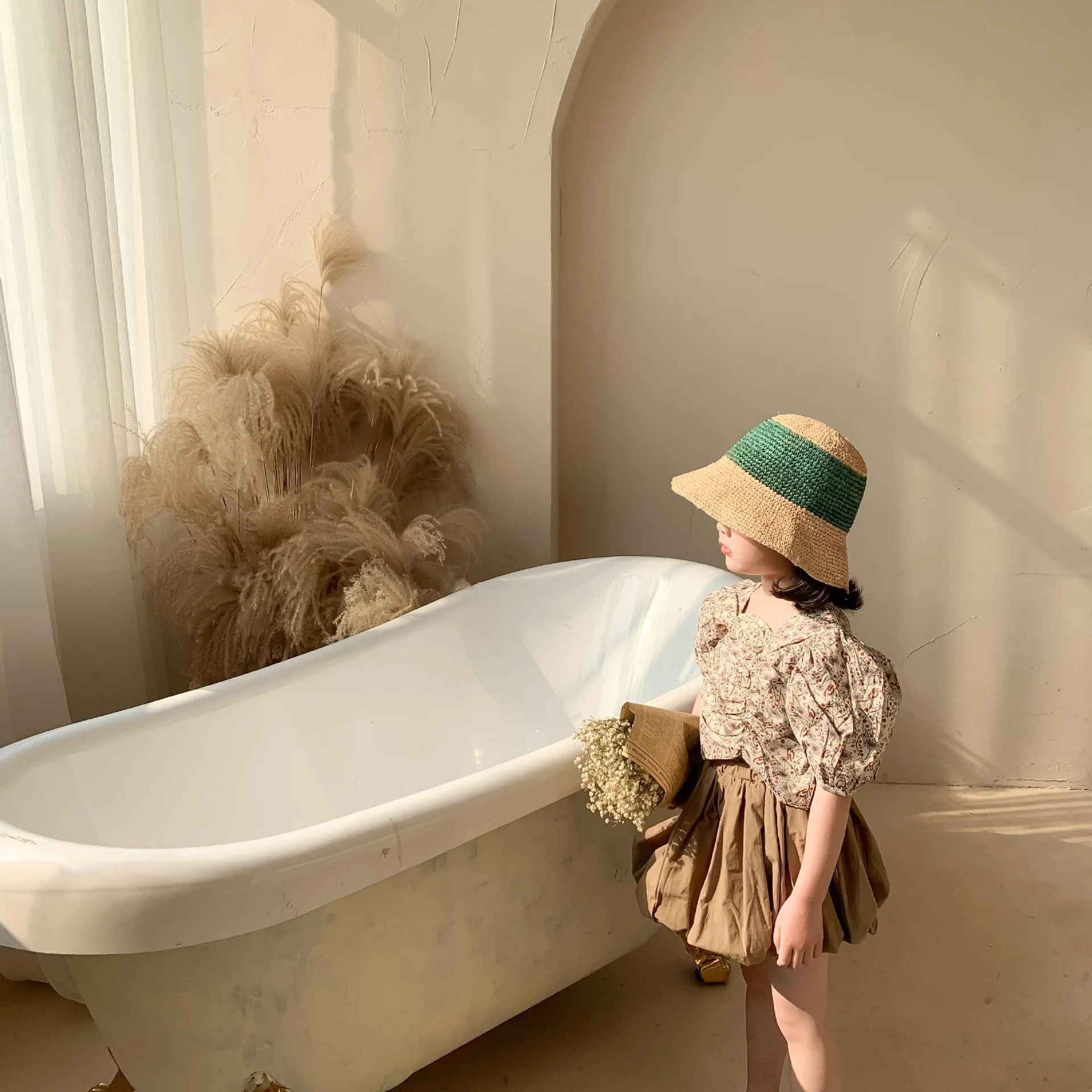 

KC11939007 spring summer new arrival flower puff sleeve infant baby girls blouse tops toddler kids ruffles shirt, Beige