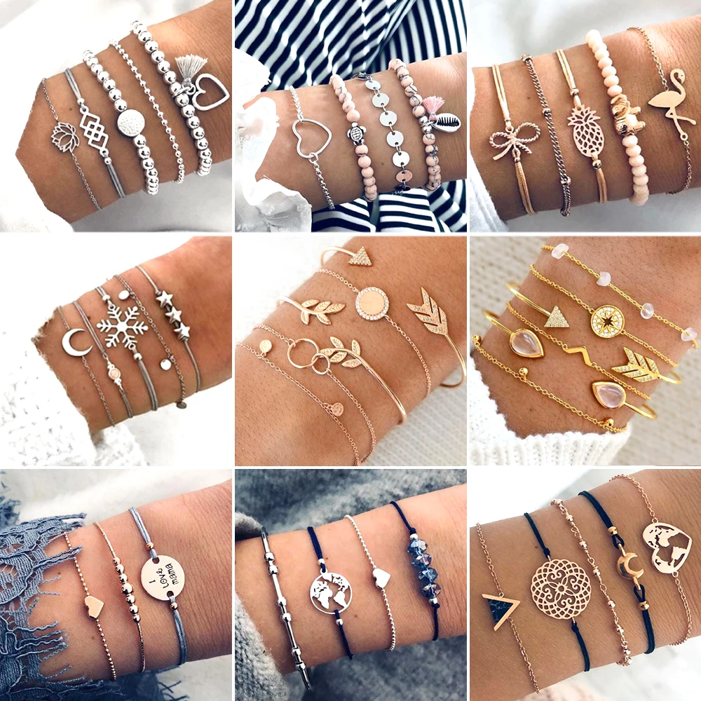 

women Geometry Bracelets Set Jewelry Heart Shell Star Moon Bow Map Crystal Bead Bracelet, Picture shows