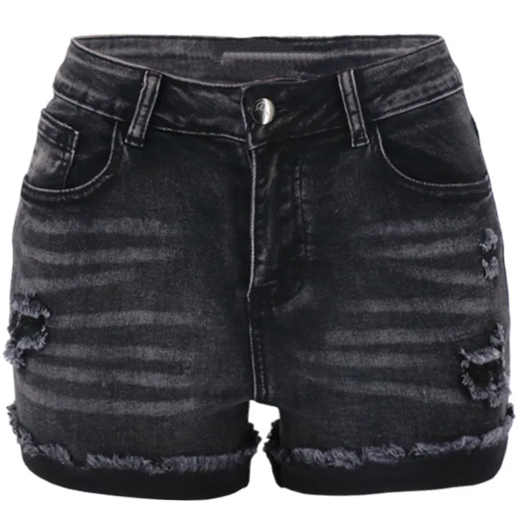 

Cotton Black Hole Denim Shorts With Pocket Women Clothes 2021 Summer Streetwear High Waist Sexy Tassel Ripped Jean Shorts, As picture