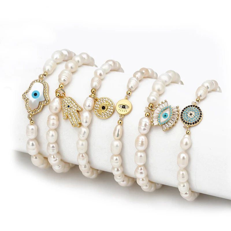 

2021 Natural Real Freshwater Pearl Bracelet evil eyes fatima hand Charms Bracelets Adjustable white Pearl Beads Bracelets