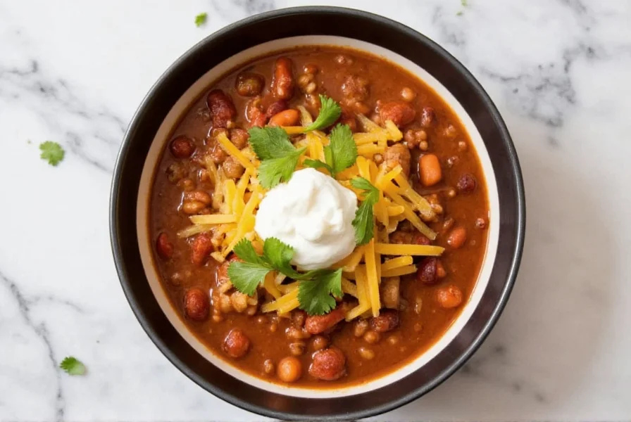 Finished bowl of easy chili recipe with melted cheddar cheese, sour cream dollop, and fresh cilantro garnish