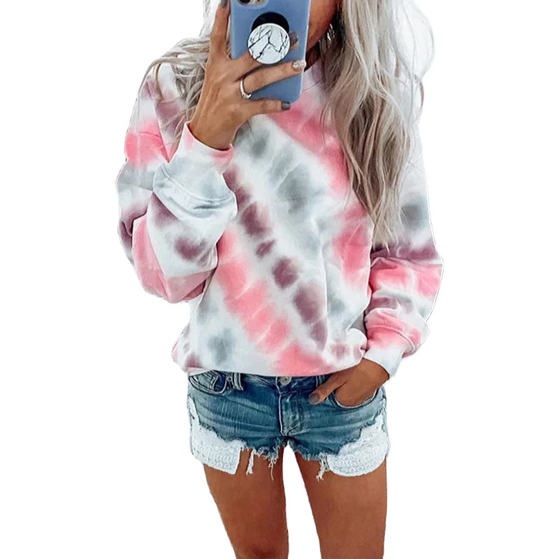 

Top Selling Tie Dye Long Sleeve T-Shirts Ladies Casual Sweatshirt Tie Die Women Clothing Pullover Hoodies ODM Custom Logo Tops