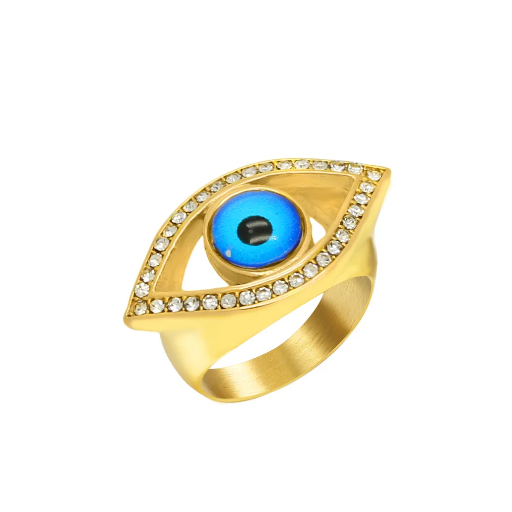 

Fashion 18k gold plated stainless steel crystal blue angel eyes ring