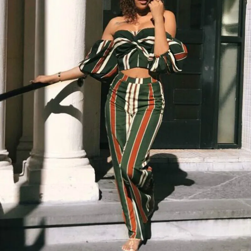 

Sexy Striped Off Shoulder Backless Puff Sleeve Casual Women Two Pieces Sets