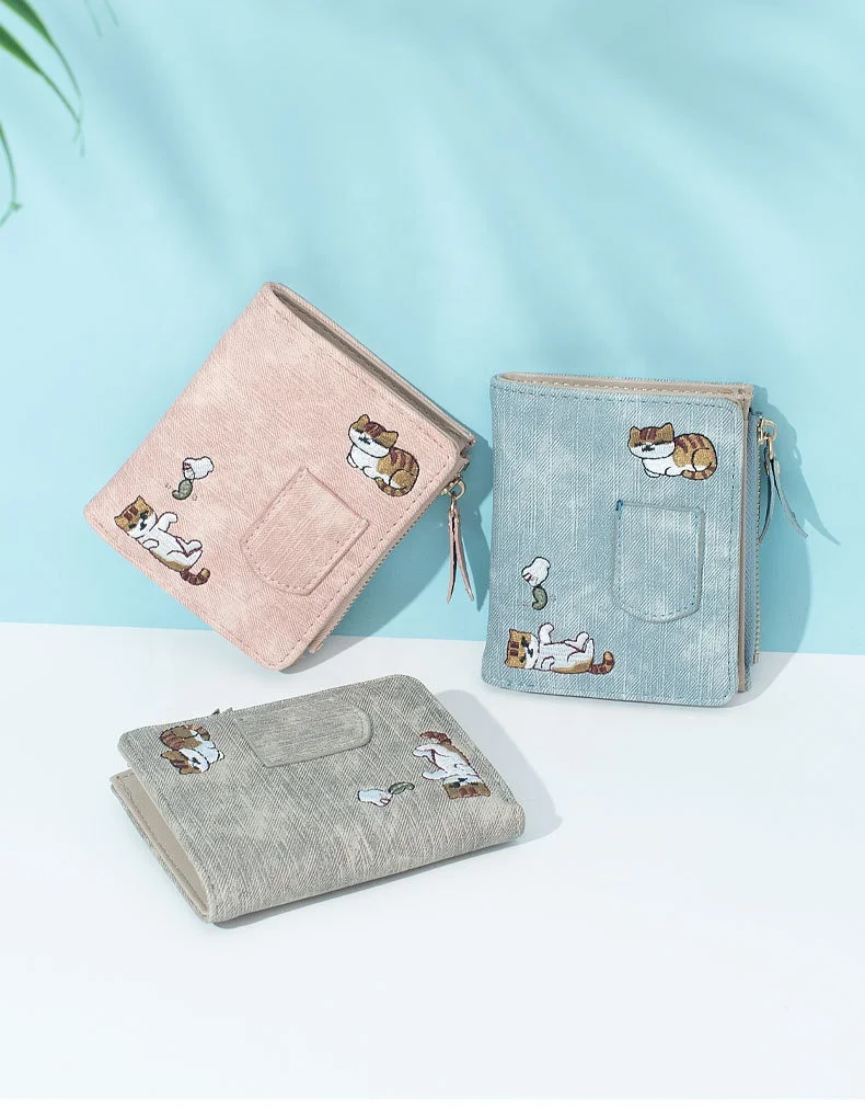 

2021 New Short Student Korean Version Cute Wallet Cat Embroidery Mori series Ultra-thin Folding Card Holder Wallet, 5 colors