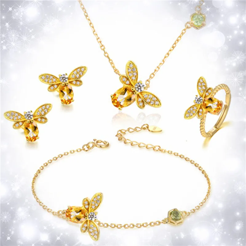 

4pcs/set Natural Topaz Jewelry Sets Cute Bee Jewelry Cubic Zirconia Stud Earrings Charm Bracelet Pendant Necklace Gemstone Ring