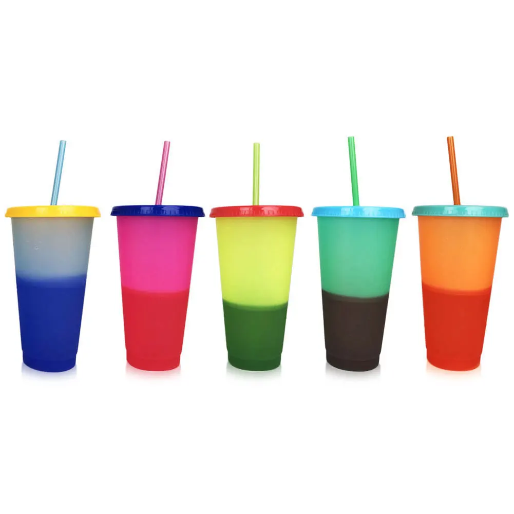 

B1708 Custom Logo 700ML Plastic Temperature Change Color Cups Color Changing Mug Straw Lid Water Cup Discoloration Water Bottles, Multi colour