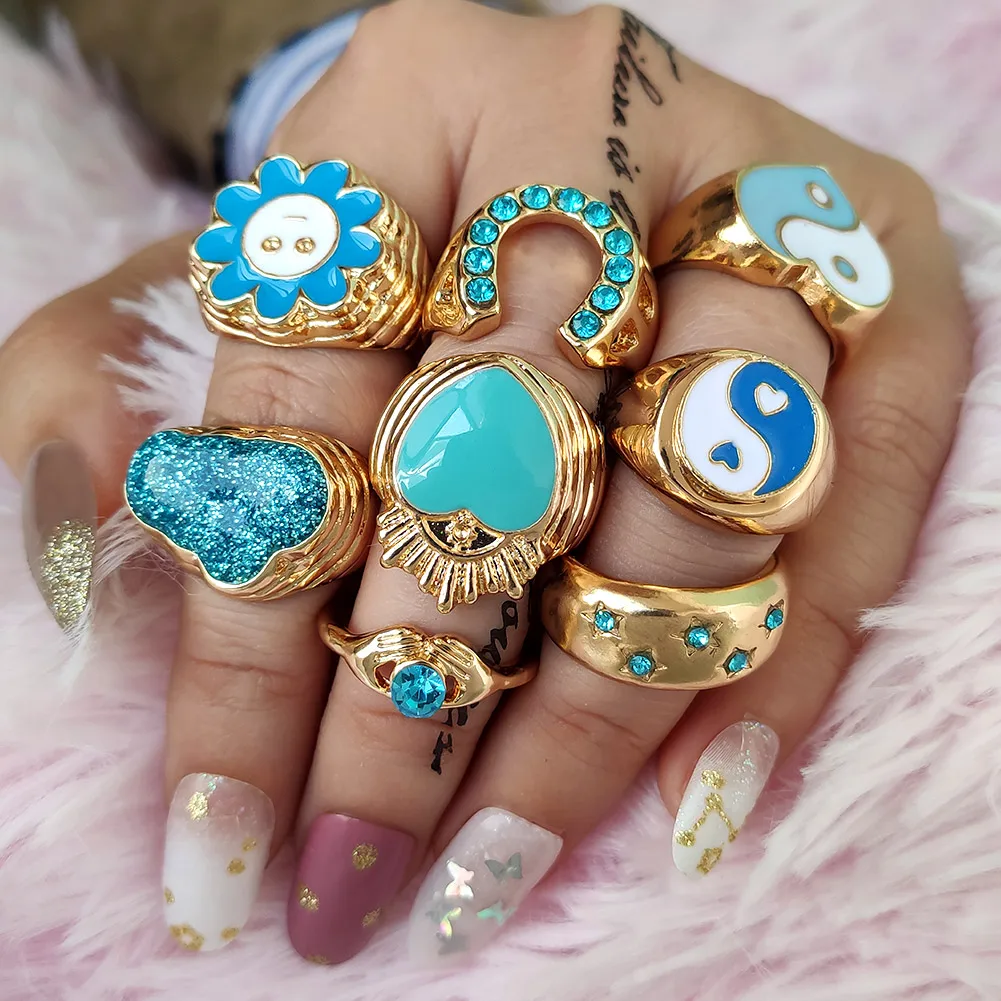 

Trendy Cute Gold Plated Enamel Cloud Flower Heart Yin Yang Chunky Rings Blue Y2k Gemstone Finger Jewelry For Women, Gold, silver