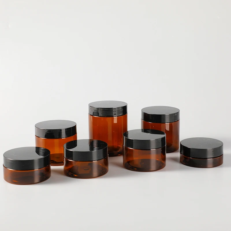 

50ml 100ml 4oz 8oz 16oz Plastic PET amber color jars with smooth black screw lids cosmetic cream body butter container w/ label