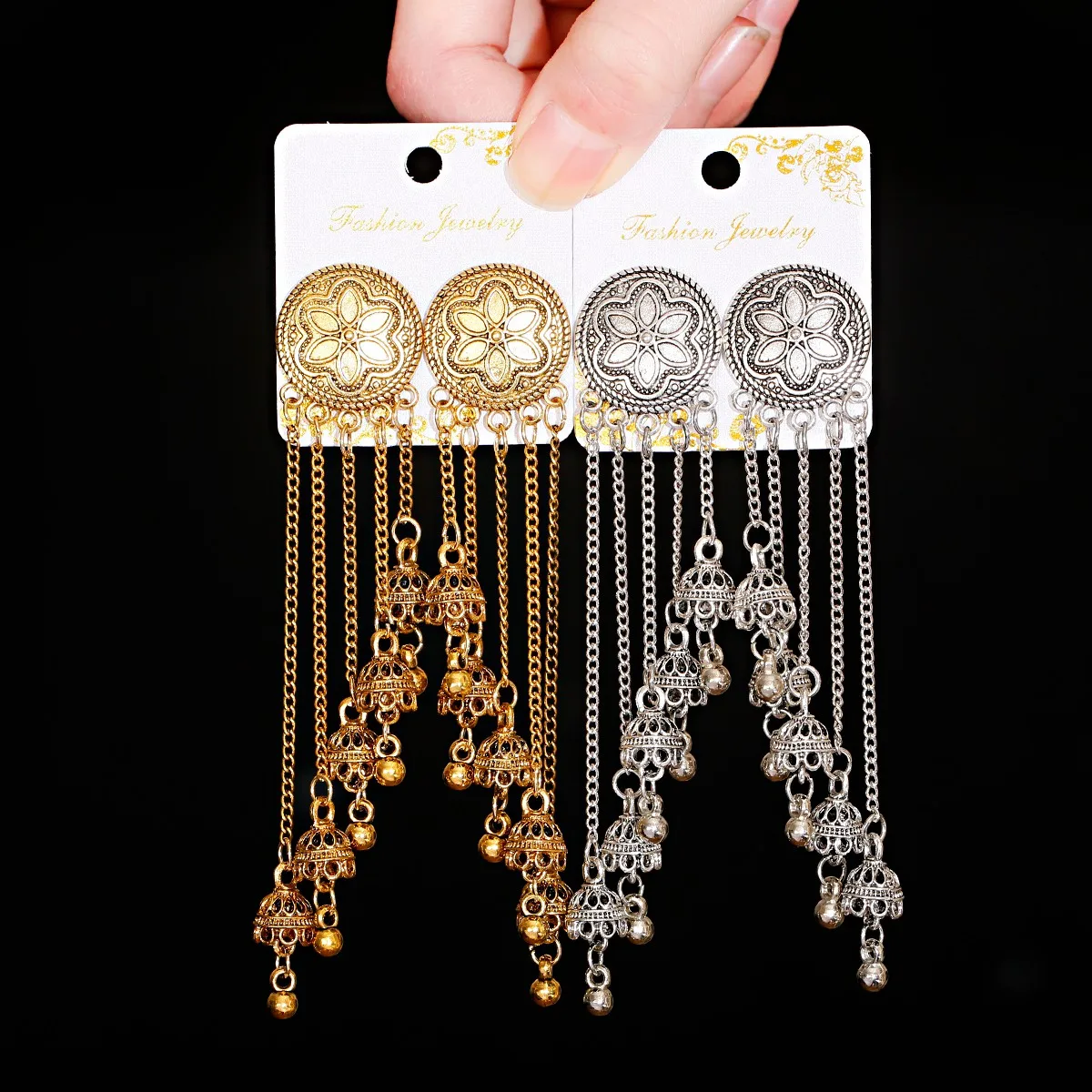 

Classic Flower Silver Color Turkish Indian Jhumka Earrings Women's Vintage Long Bell Tassel Earrings Oorbellen, Gold/silver