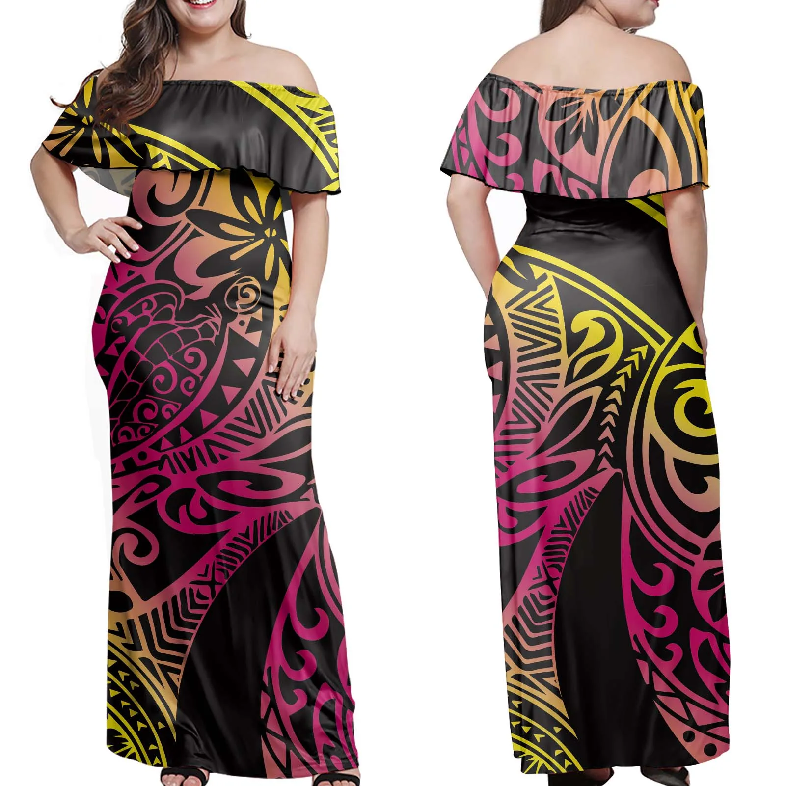 

Polynesian dresses Tribal Stripe Off Shoulder Dress lady Samoan Tattoo Sexy Women Elegant Dress Custom Logo Print