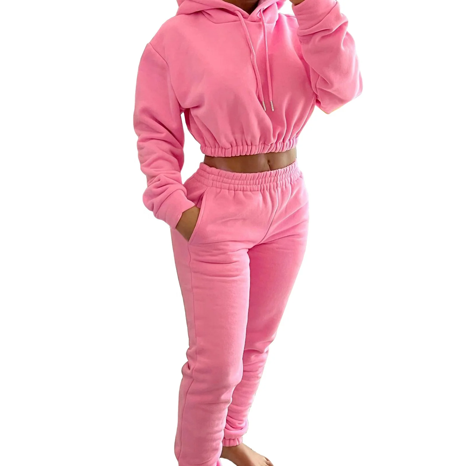 

Spring Women Stacked Joggers sweatpants and crop top hoodie sets sport Tracksuit Women 2 Piece Pants Set, Custom colors