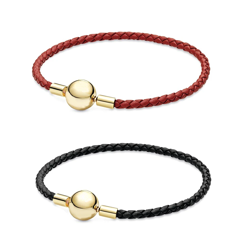 

2021 NEW 100% 925 Sterling Silver Moments Red Black Woven Leather Bracelet Fit Charm Women Original Fashion Gift Jewelry