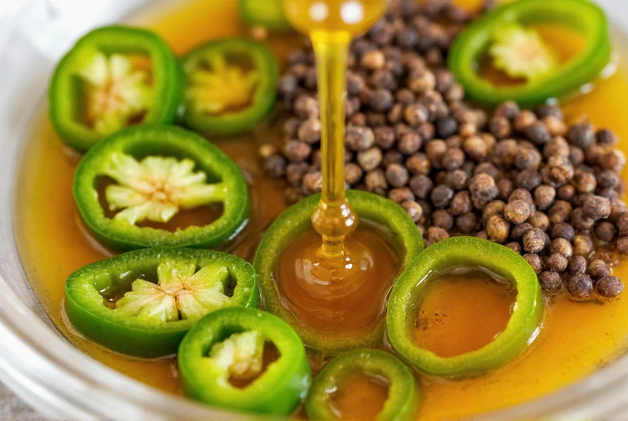 Close-up of golden honey drizzling into a bowl of fresh jalapeños and black peppercorns for homemade honey pepper sauce preparation