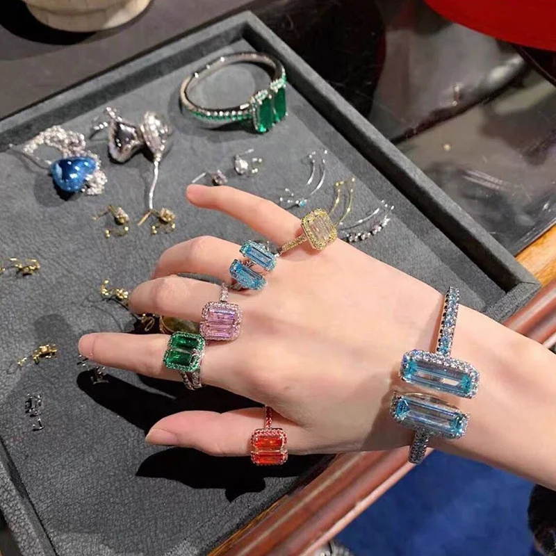 

Fashion Geometric Colorful Candy Square Crystal Zircon Opening Ring for Women Luxury Party Jewelry Gifts, Customized color