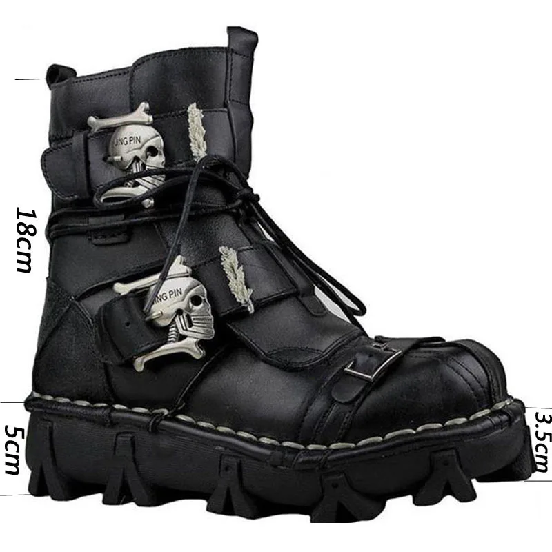 

Men's Cowhide Genuine Leather Motorcycle Boots Military Combat Boots Gothic Skull Punk Boots