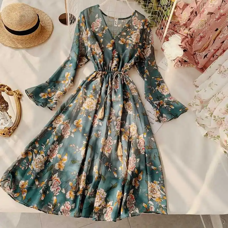 

foridol floral print summer dress women boho slit maxi long dress vintage beach dress Ruffle sleeves a-line sundress 2021