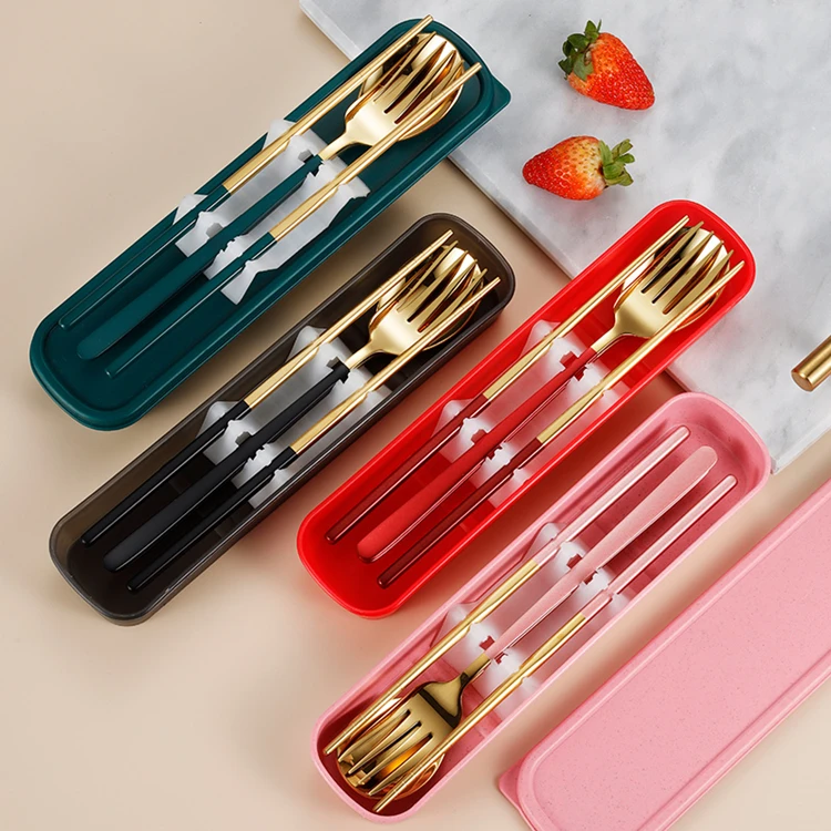 

2021 trending products korean spoon fork chopstick korean style stainless steel travel flatware spoon chopsticks set, Silver/gold/red/pink/black/green