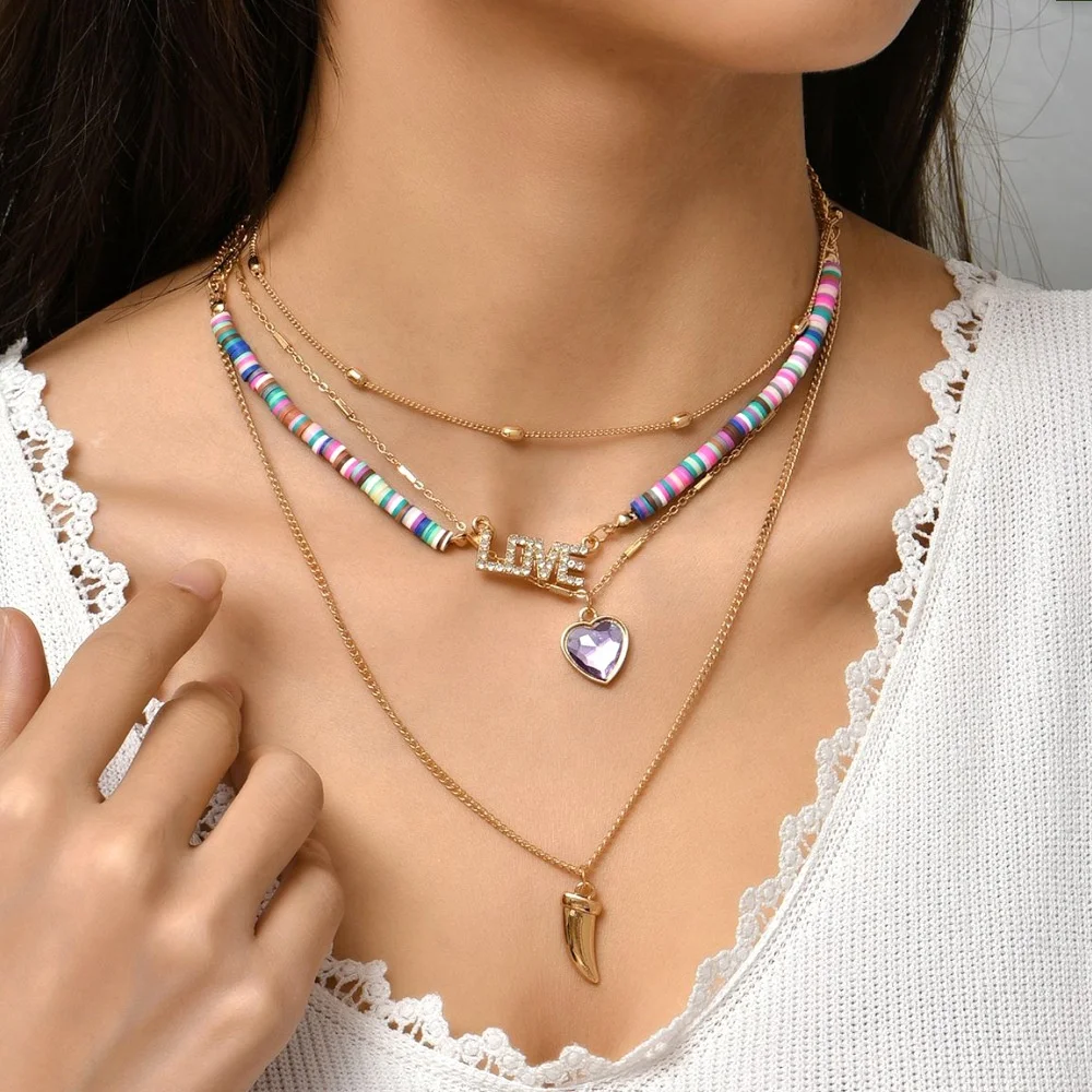 

Fashion boho jewelry gold color LOVE letter clavicle chain pendant necklaces women multi-layer polymer clay chokers necklace