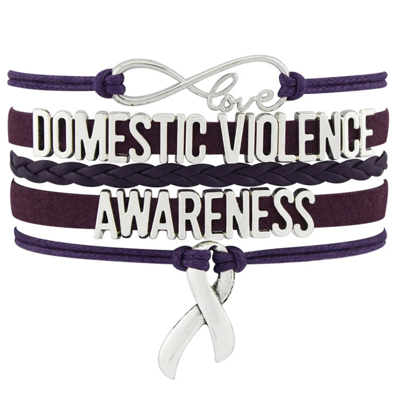 

Factory Made Fashion Infinity Love Charm Domestic Violence Purple Ribbon Awareness Leather Bracelets, Silver plated