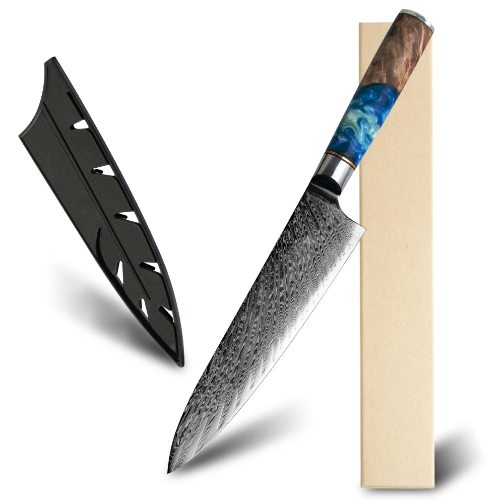 

Hot Luxury Blue Resin Handle Damascus 8" Chef Knife VG10 67 Layers Carbon Steel Japanese Kitchen Knives with Sheath and Gift Box
