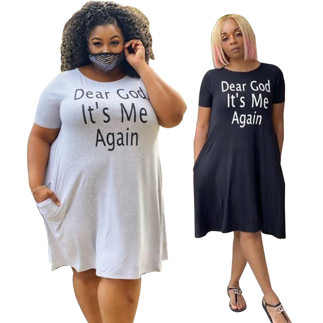 

OR1201 women summer casual letter printing short sleeve dress plus size t-shirt dress, Black,white
