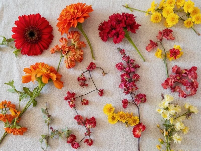 Colorful dried flowers arranged on vintage fabric