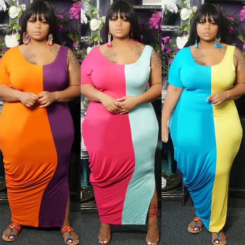 

2020 new arrivals summer square collar short sleeve contrast color plus size women dresses