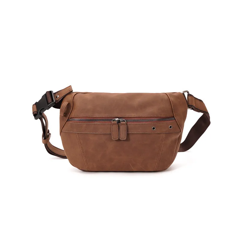 Large Capacity Outdoor Brown PU Leather  Hiking Travel Bum Chest Belt Crossbody Fanny Pack Waist Bag Pouch for Men