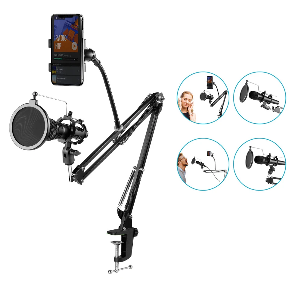 

Mic microphone metal adjustable studio suspension scissor cross flexible arm table booms stand, Black,white,red,blue