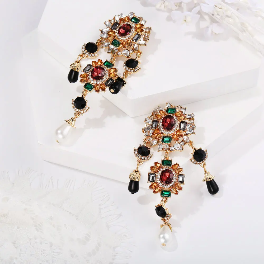 

New baroque style colorful eardrop creative retro inlaid rhinestone pendant pearl drop earrings for women