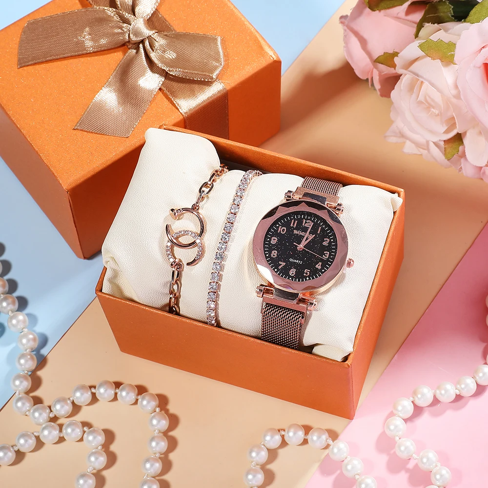 

3pcs/set Fashion Women Watches Luxury Magnet Buckle Starry Sky Watch Ladies Quartz Wrist Watch Bracelet Set