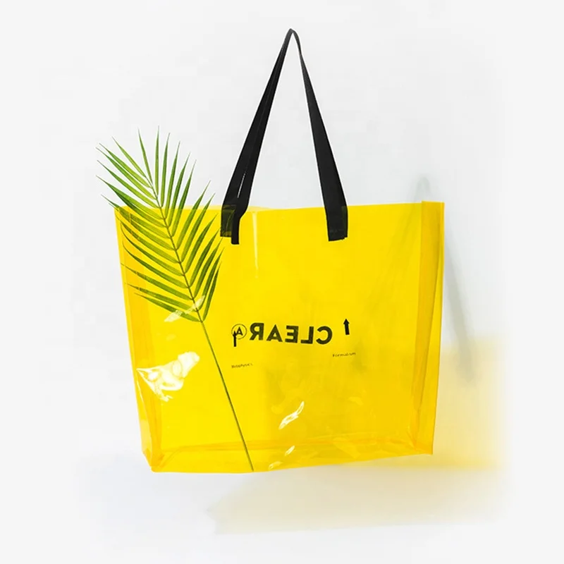 

customized vinyl clear pvc tote shopping bag transparent with black logo printed, Clear lemon yellow