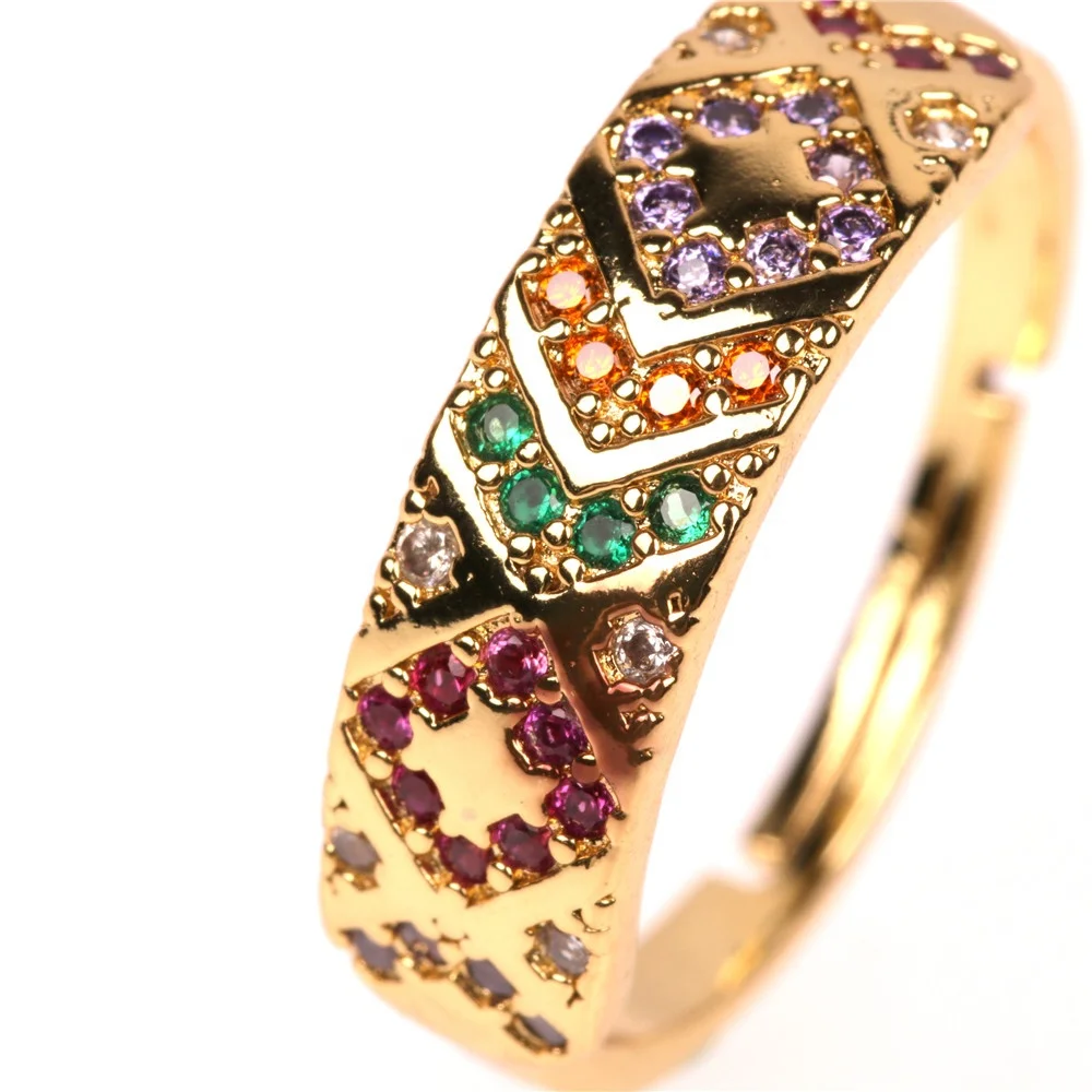 

Fashion personality geometric micro inlaid zirconia rainbow 18k gold finger rings