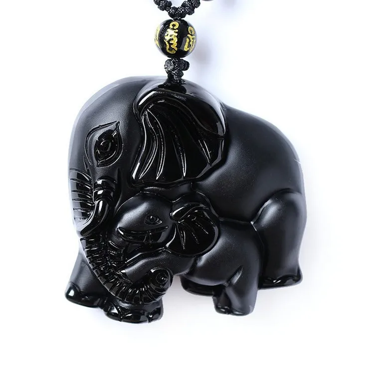 

Natrual crystal Obsidian Carved Elephant Nose God of Wealth Lucky Pendants Black Obsidian Necklace Pendant Statement Necklace