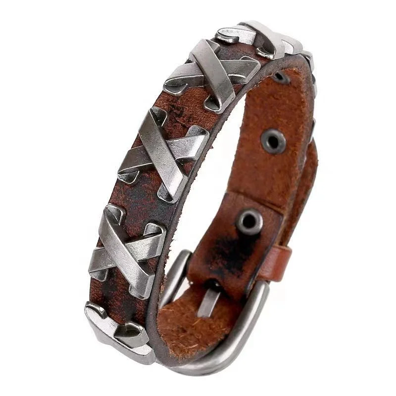 

Handmade sporty punk jewelry adjustable alloy rivet men leather bracelet, Picture shows