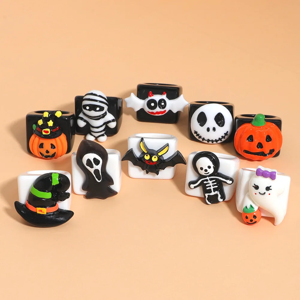 

2022 Unique Creative Resin Ghost Face Rings Exaggerated Colorful Acrylic Skeleton Skull Pumpkin Finger Rings Halloween Jewelry, As picture