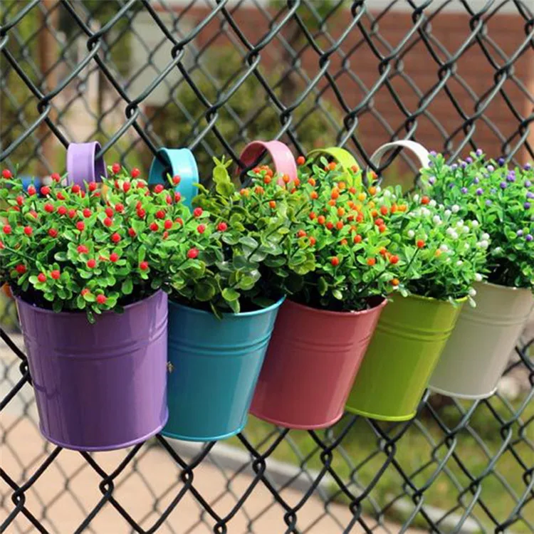 

A657 Candy Color Flower Bucket Tin Garden Balcony Wall Fence Removable Hook Hanging Succulent Basket Metal Hanging Flower Pot