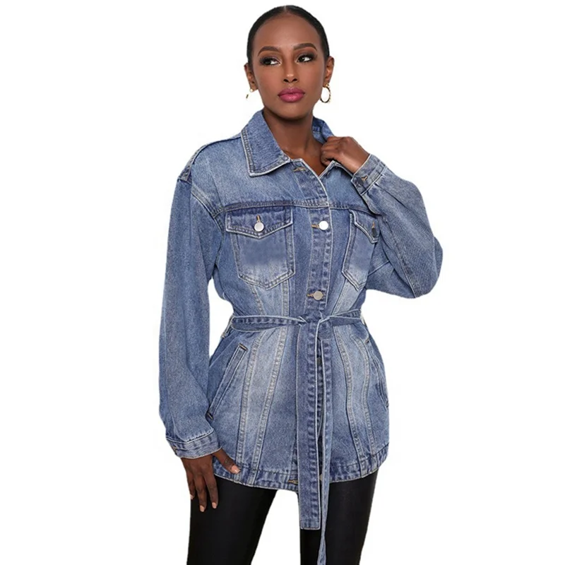 

2021 Amazon Blue Tie Belted Oversized Denim Jeans Jackets Women