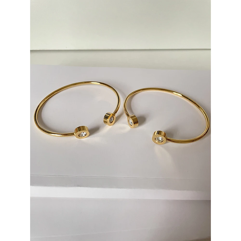 

3 Colors Double Circle Cubic Zircon Stainless Steel Bangle 18K Gold Plated Open Adjustable Bangles Minimalist Classic Jewelry, Gold/silver/rose gold