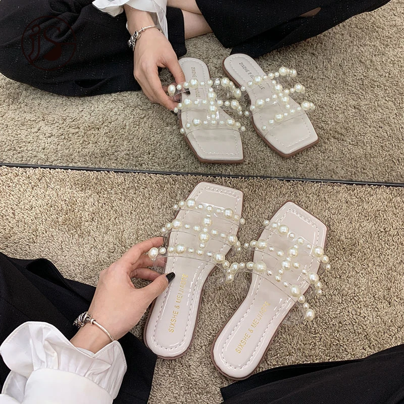 

2021 Fashion trend casual sandals for ladies fancy pearl sandals for women and ladies lightweight soft slides, Customized color