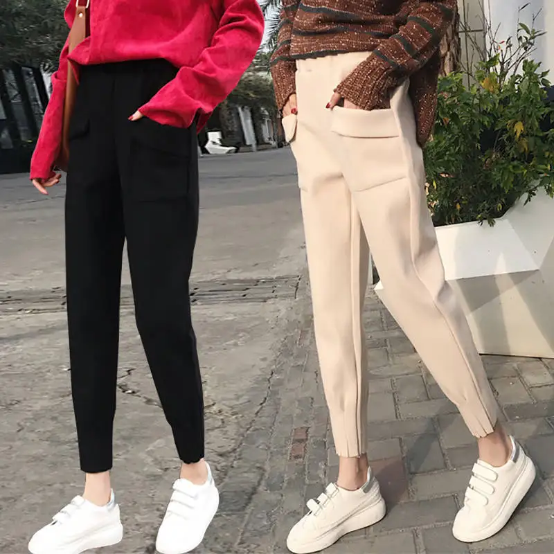 

New Autumn Women Pants Knitting Wool High Waist Loose Elegant Korean Style Casual Plus Size Work Suit Pant Loose Female Trouser