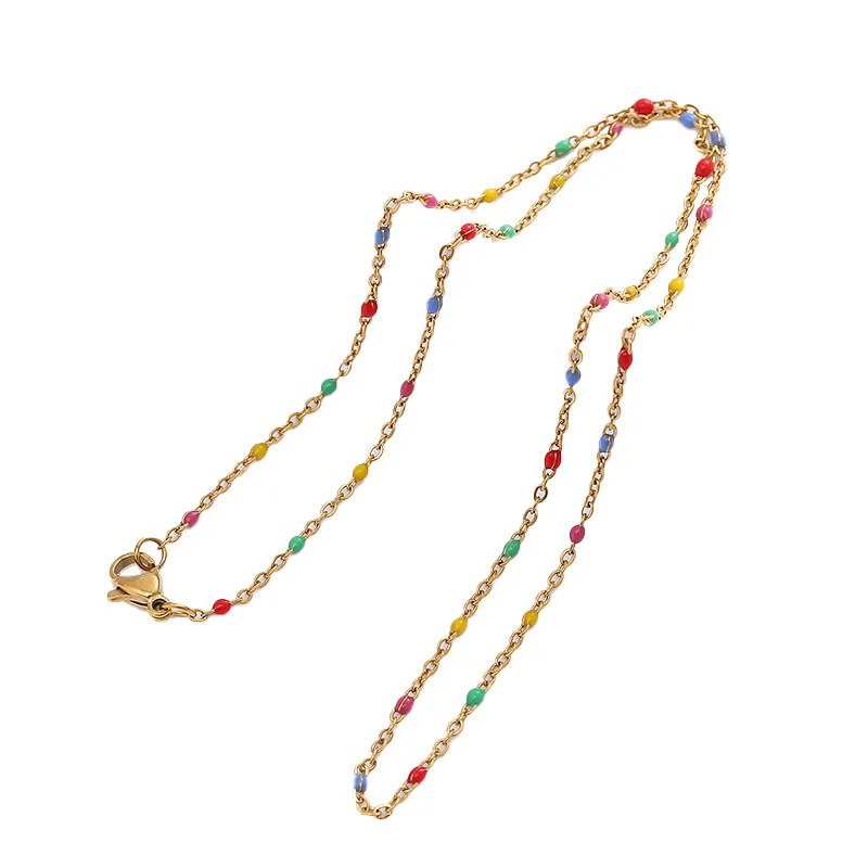 Dainty Water Proof Gold Plated 316L Stainless Steel Link Chain Enamel Beads Necklace for Women Ladies