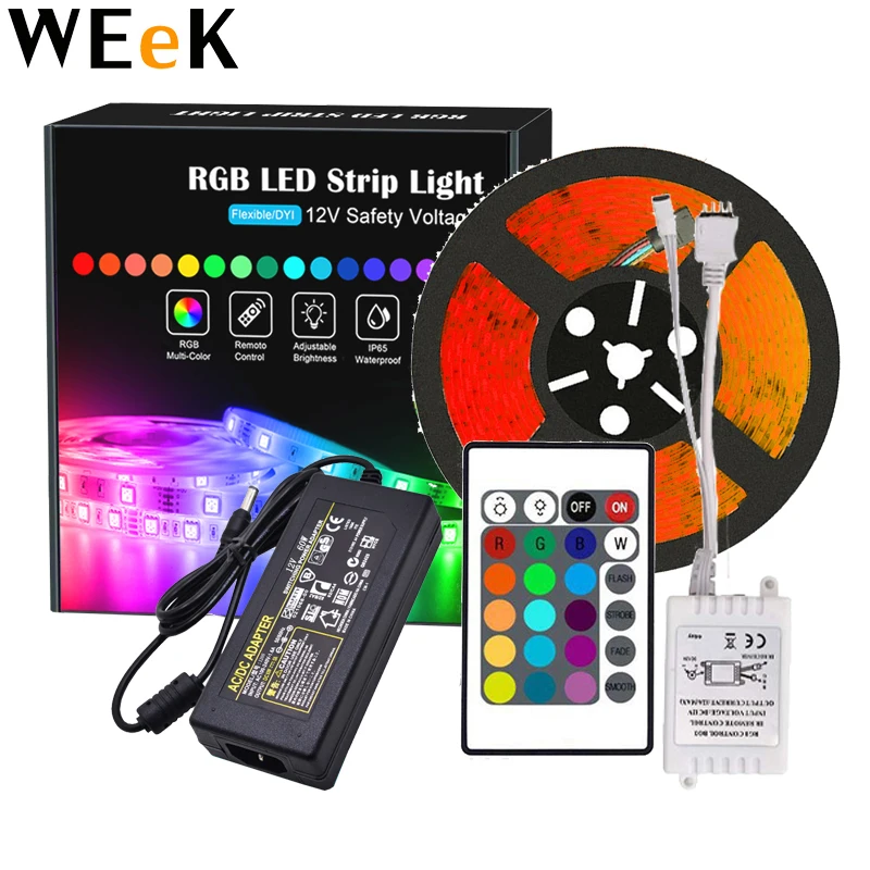 5m 300leds RGB 5050 LED Strip Lights Kit with 24 Keys IR Remote Controller Dimmable Color Changing Rope Lights IP65 Waterproof