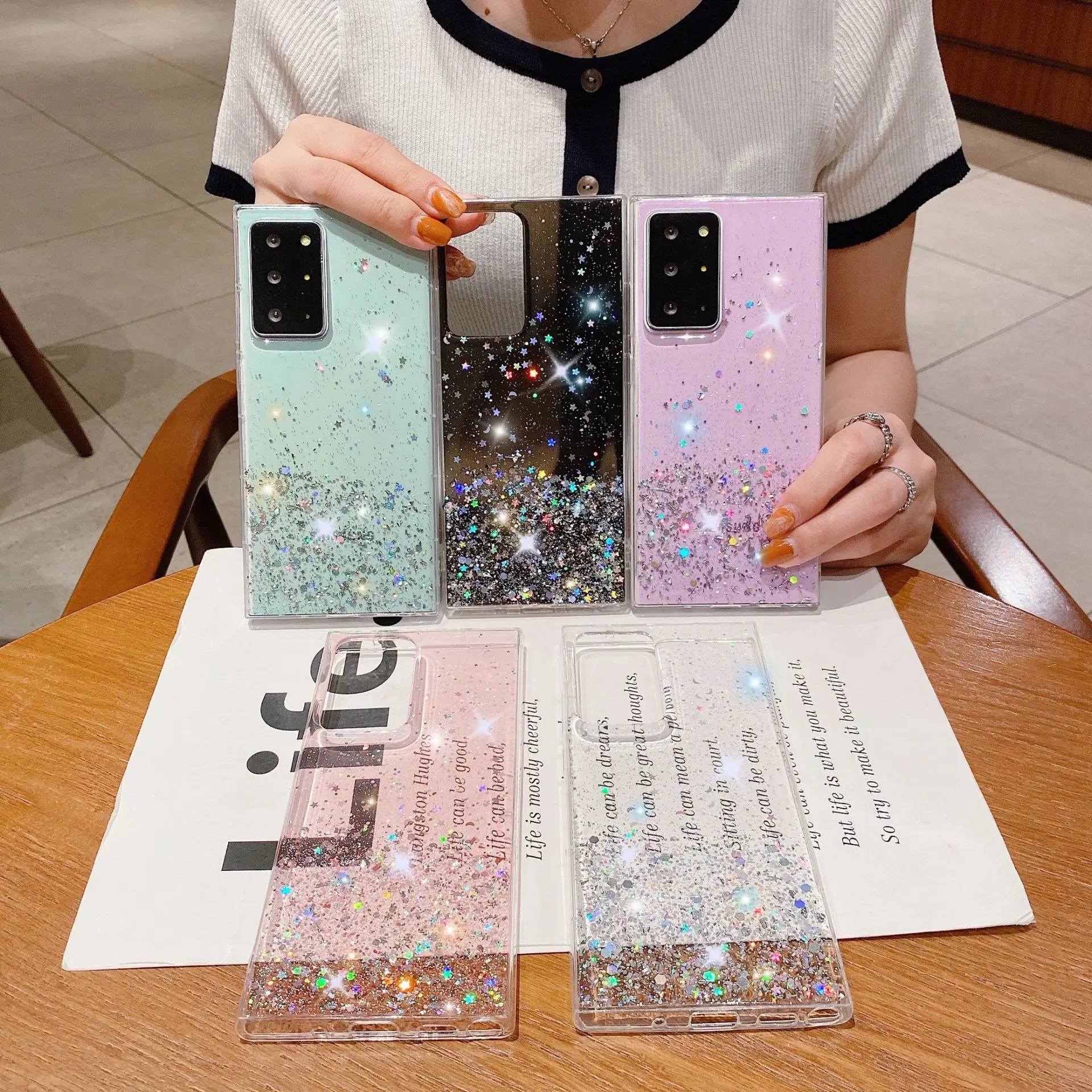 

Amazon Hot Sale Women Bling Glitter Epoxy Phone Case For Samsung S22 S20 Ultra S10 S21FE A32 A52 A72 F62, Clear,purple,pink,mint,black