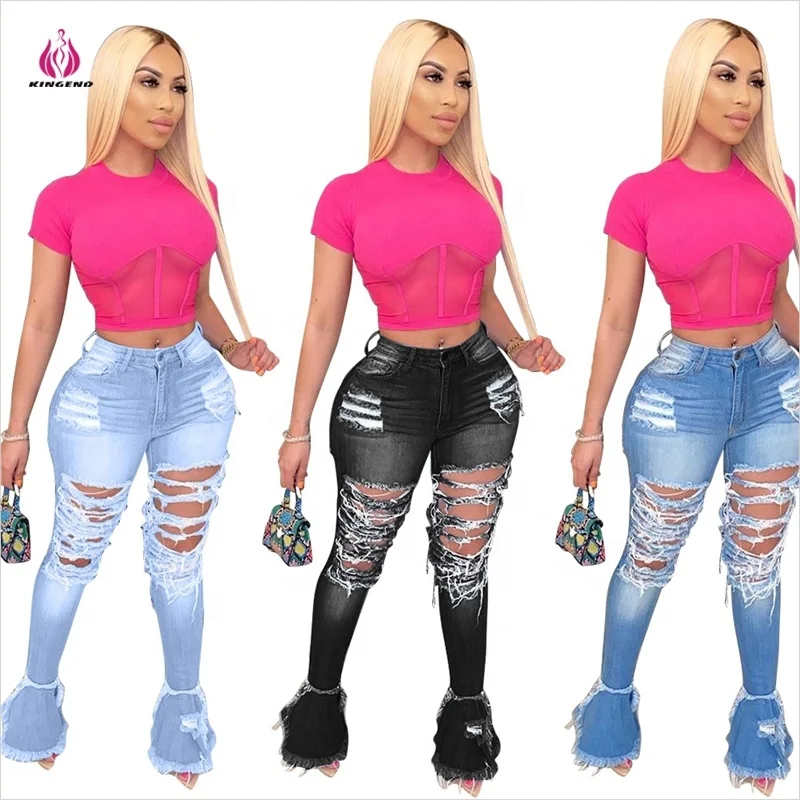

KG4113 2020 Flare ladies Ripped Denim Bell Bottom Plus Size 4xl Jeans Pant Women