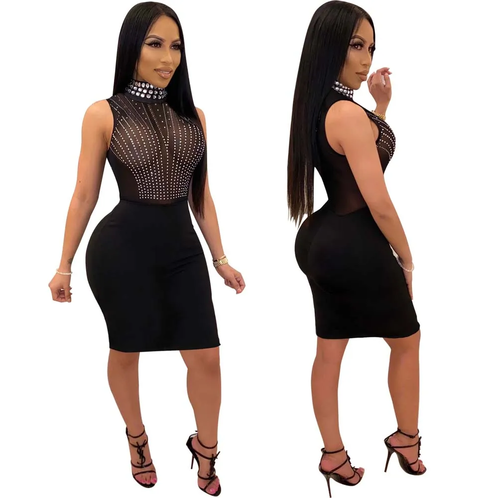 

New Arrival Ladies Party Dress Glitter Rhinestone Sheer Mesh Sexy Club Wear Sleeveless Evening Dresses 2020, Picture