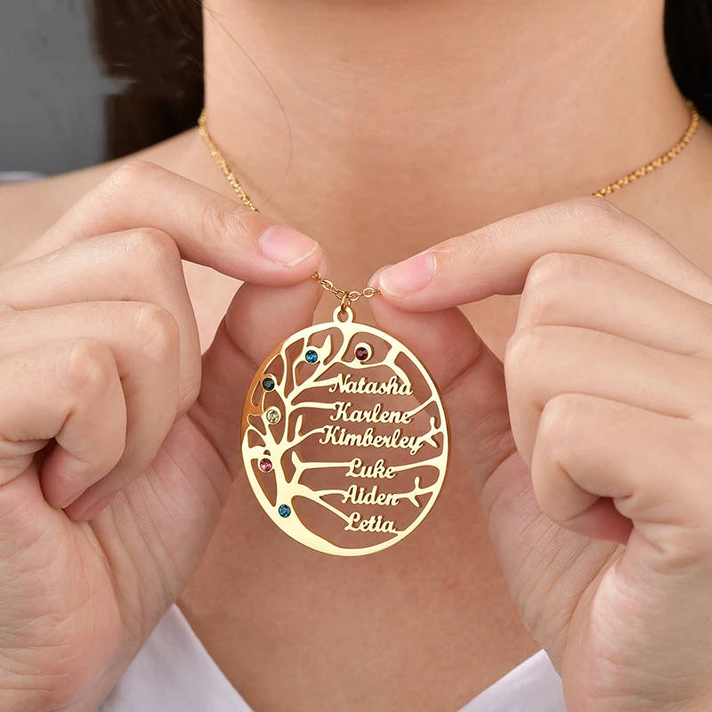 

Customized Multiple Names Birthday Stone Necklace Custom Personalized life Tree Stainless Steel Jewerly Friendship Jewelry, Gold/silver/rose gold