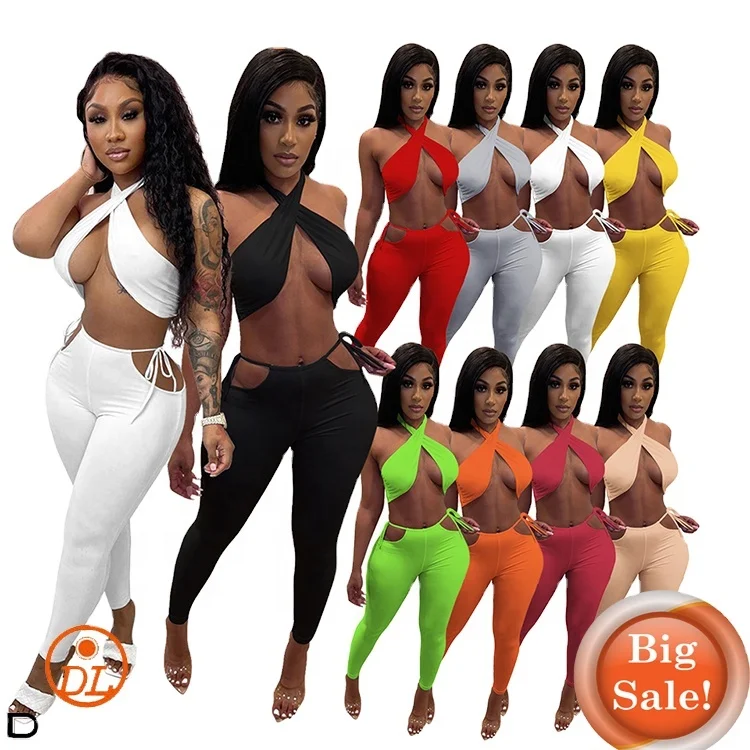 

dolin spring Sexy wrapped chest tight fitting solid color Hollow Out lace up Backless women two piece nude 2 piece pant set